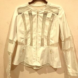 NY&C White Leather Peplum Jacket with Lace Panels